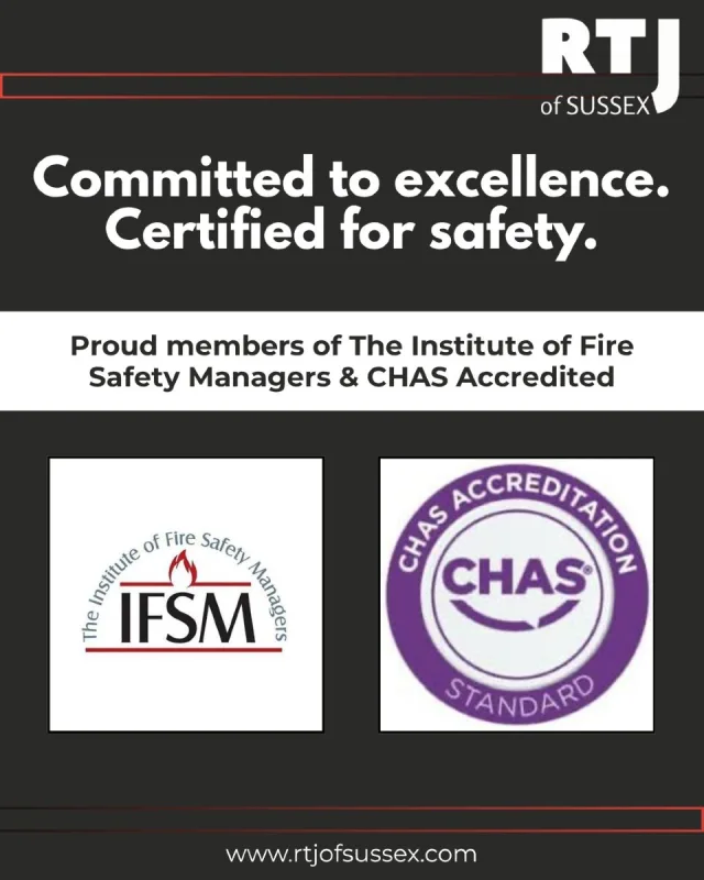 Keeping our standards high is non-negotiable.

We’ve just renewed our membership with The Institute of Fire Safety Managers and our CHAS Standard accreditation — two more ways we show our commitment to safe, compliant, and quality-driven work.

For our clients, it means peace of mind knowing every inspection, every installation, and every piece of advice is backed by recognised industry standards.

📧 Email: roy@rtjofsussex.com
📞 Phone: 07511140776
🌐 Website: www.rtjofsussex.com