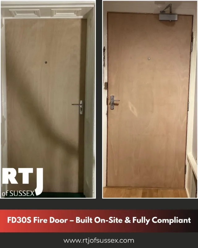 A new FD30S Fire Door installed last week in Brighton.

This wasn’t a quick off-the-shelf job — the opening needed a bespoke solution. Our team built the door on-site from a fire door blank, ensuring every measurement and component met strict compliance standards.

It’s now fully fitted, compliant, and ready for painting — providing 30 minutes of fire and smoke resistance you can rely on.

If you need a fire door that’s made to measure and expertly installed, we’re ready to help.

📧 Email: roy@rtjofsussex.com
📞 Phone: 07511140776
🌐 Website: www.rtjofsussex.com