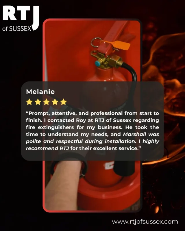 Need someone reliable to sort your fire extinguishers? 

Here’s what Melanie had to say about us.

"I contacted Roy at RTJ of Sussex regarding fire extinguishers for my business. He was prompt, attentive, and took the time to fully understand my requirements. Marshall carried out the installation and was both polite and respectful of my property throughout the process. I highly recommend RTJ of Sussex for their professionalism and excellent service."

We love hearing this kind of feedback — it's why we do what we do. Professional service, easy communication, and a job done right, every time.

📧 Email: roy@rtjofsussex.com
📞 Phone: 07511140776
🌐 Website: www.rtjofsussex.com