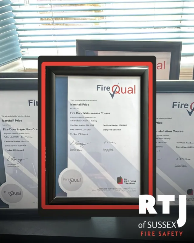 Big news at RTJ of Sussex!

Marshall has truly hit the ground running since joining our team. We’re proud to share that he’s successfully completed the FireQual Fire Door Inspection Course, Fire Door Maintenance Course, and Fire Door Installation Course.

This is more than just a qualification — it’s a reflection of our commitment to providing Eastbourne and Sussex with expertly delivered, premium fire safety services. With Marshall on board, our clients can feel even more confident that their fire doors are inspected, maintained, and installed to the highest standard.

Want to make sure your fire doors meet safety standards? Get in touch with us today.

📧 Email: roy@rtjofsussex.com
📞 Phone: 01323885199
🌐 Website: www.rtjofsussex.com