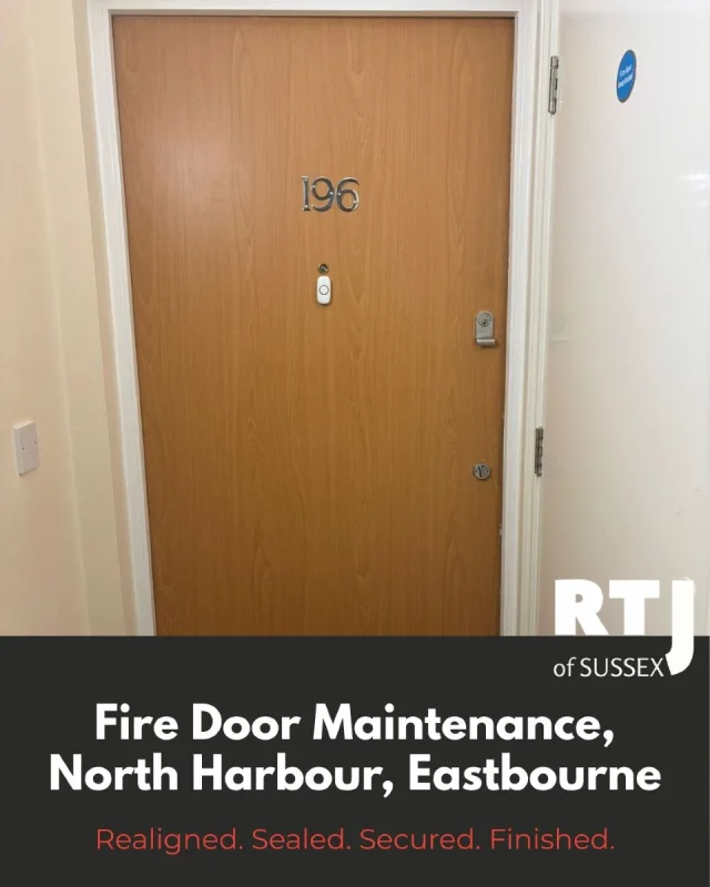 🔥 Fire door not doing its job? Let’s fix that.

In North Harbour, Eastbourne, we carried out full fire door maintenance that brought the door back to top working condition — safe, compliant, and built to last.

Here’s what we did:
The door was realigned for proper closing. New smoke and heat seals were fitted for better containment. A new overhead closer was installed, and we finished with a fully compliant fire stop expertly painted to blend in.

Whether it’s one door or an entire site, we keep things safe, simple, and fully certified.

Need fire door maintenance? Let’s get it done right.

📧 Email: roy@rtjofsussex.com
📞 Phone: 07511140776
🌐 Website: www.rtjofsussex.com